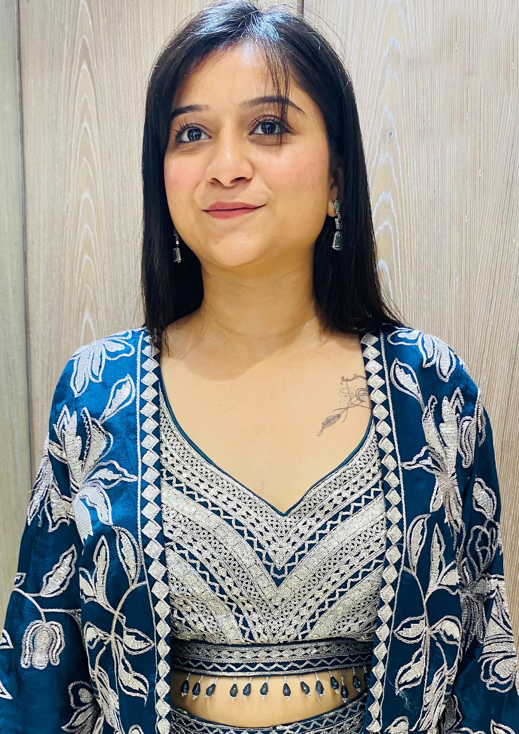 Teal Blue Color Chinnon Resham Work Indo Western